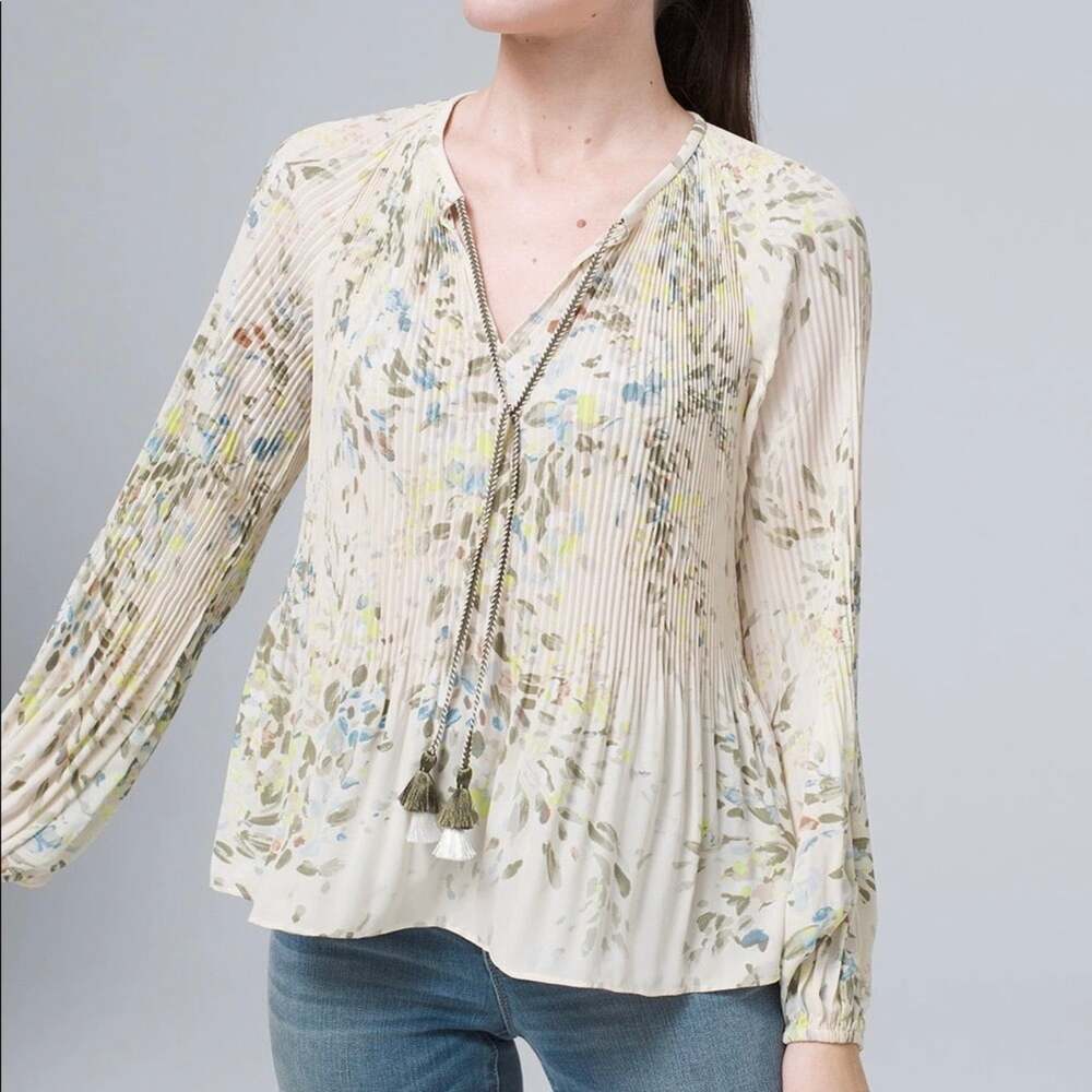 White House Black Market Floral Pleated Tie Neck Blouse Women's Small Green